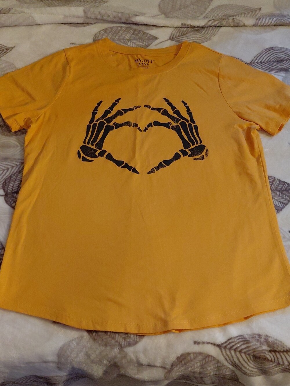 Mighty Fine Yellow Short-Sleeve Tee with Black Skeleton Hands Heart